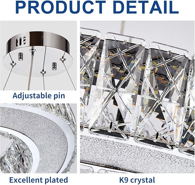 Depuley Modern LED Crystal Chandeliers: 23.6" Ring Chandelier Hanging Crystal Ceiling Light Fixture - 50W Adjustable Height Pendant Light for Living Room Dining Room Bedroom Foyer