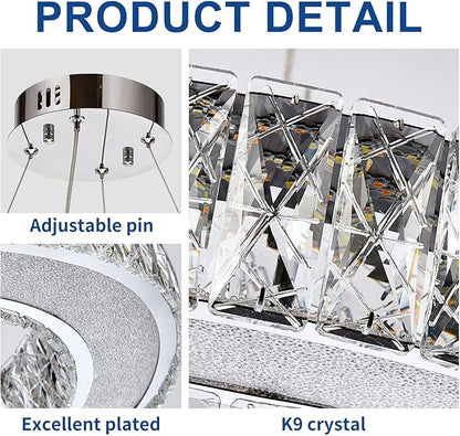 Depuley Modern LED Crystal Chandeliers: 23.6" Ring Chandelier Hanging Crystal Ceiling Light Fixture - 50W Adjustable Height Pendant Light for Living Room Dining Room Bedroom Foyer