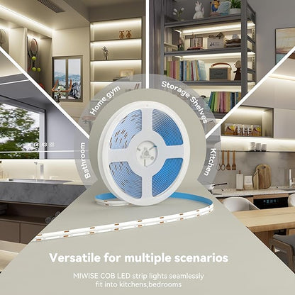 MIWISE COB LED Strip,4000K Natural White 32.8ft/10m,Dimmable Super Bright 24V LED Strip Light,CRI 90+ Flexible Tape Light with RF Remote Timer Function,for Home/Cabinet/Bedroom/TV DIY Lighting Project