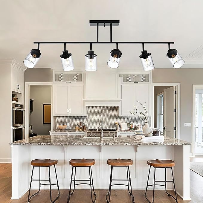6-Light Track Lighting Kit Directional Bathoom Lights Over Mirror Industrial Black Kitchen Track Lighting Fixtures Ceiling with 6 Rotatable Light Heads, Clear Glass Shade