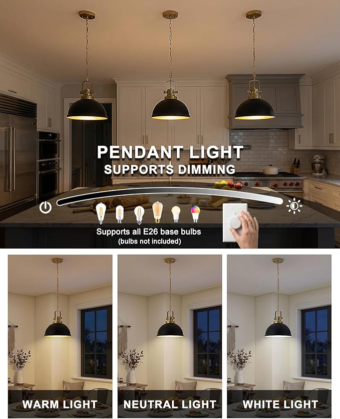 2-Pack Black Gold Pendant Lights Kitchen Island, Modern Dome Pendant Lights Matte Black Dome Hanging Light Fixture for Kitchen Dining Room Foyer Entrance Restaurant Hallway