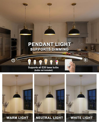 2-Pack Black Gold Pendant Lights Kitchen Island, Modern Dome Pendant Lights Matte Black Dome Hanging Light Fixture for Kitchen Dining Room Foyer Entrance Restaurant Hallway
