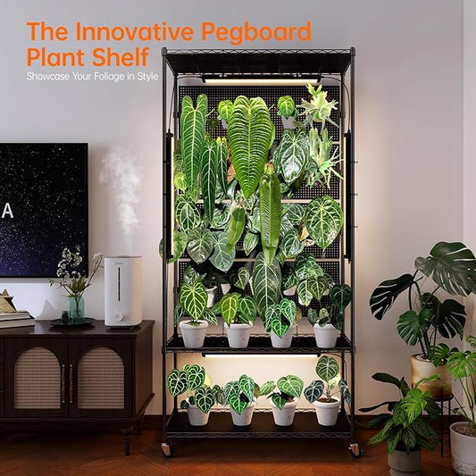 Bstrip Plant Cabinet with Pegboard, 3 Tier Plant Shelf with Grow Light, Metal Plant Stand with 4 Pack 96W Grow Lights for Indoor Plant, Foliage Plants, Seed Starting, 35.4"x13.8"x71"