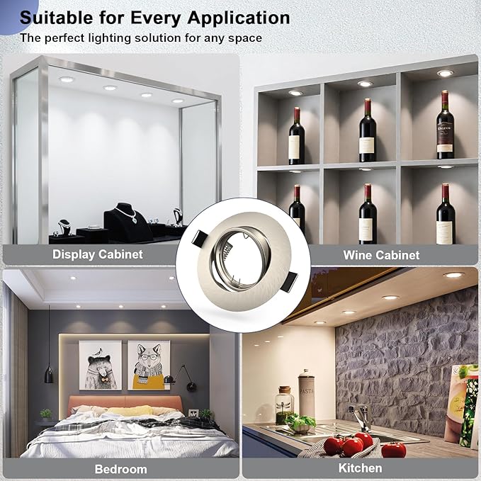 6 Pack Spotlight Frame, 3 inch Recessed Ceiling Light Trim Compatible with MR16 GU10 GU5.3 Bulbs, Adjustable Holder for Cabinet Kitchen, Brushed Nickel