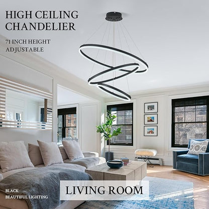 3-Rings Modern LED Chandelier Black, Dimmable Pendant Lighting with Remote Control Circular Flush Mount High Ceiling Light for Living Room Dining Room Foyer, 3000K-6500K D31.5’’