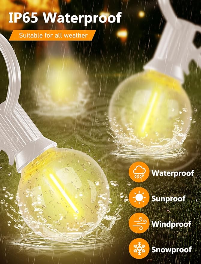 50Ft Outdoor String Lights G40 Globe Patio Lights Waterproof with 27 LED Shatterproof Globe Bulbs(2 Spare), Dimmable for Backyard Party Porch Wedding Bedroom Decor, White Wire