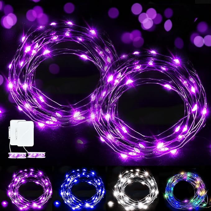 Aogist LED Fairy Lights, 16 ft Battery Operated String Lights with 50 LEDs Firefly Lights for Bedroom DIY Mason Jar Wedding Party Halloween Christmas Festival Decoration (2, Purple)