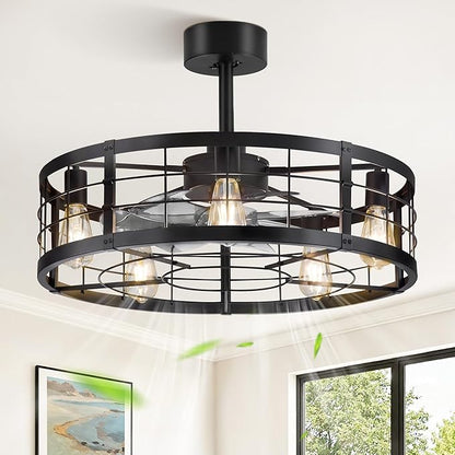 LEDIARY 26 inch Fandelier Caged Ceiling Fan with Light, Bladeless Ceiling Fan with Remote, Farmhouse Fan Lights Ceiling Fixtures for Kitchen, Bedroom, Outdoor(6 Speed, Timing)-Black