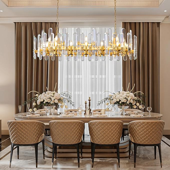 54" Rectangular Chandelier, 24-Light Gold Modern Crystal Chandelier for Dining Room, Kitchen Island, Living Room, Luxury K9 Crystal Adjustable Chain Chandelier Light Fixture
