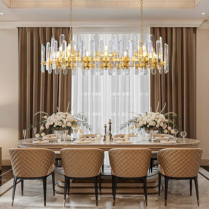54" Rectangular Chandelier, 24-Light Gold Modern Crystal Chandelier for Dining Room, Kitchen Island, Living Room, Luxury K9 Crystal Adjustable Chain Chandelier Light Fixture