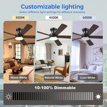 Ayaoty 46" Ceiling Fans with Lights and Remote - Flush Mount Ceiling Fan Light with ABS Blades and 3CCT Dimmable, Reversible, Low Profile Fan Light for Indoor Modern Bedroom, Kitchen, Brown