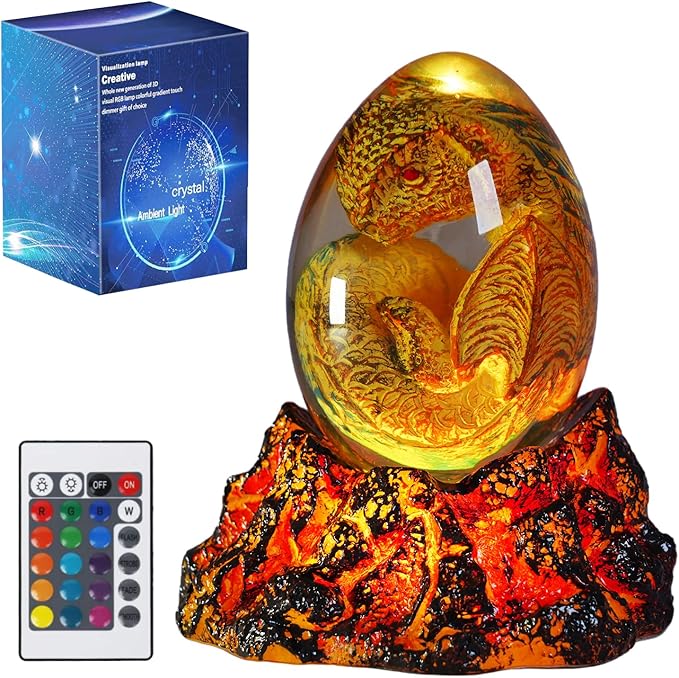 Dragon Night Light, Resin Dragons Lamp with Upgraded Volcanic Lava Base, Remote 16 Colors Flashing RGB Dimmable for Birthday Xmas Cool Figurines Dragon Gifts for Room Decor Boys Girls
