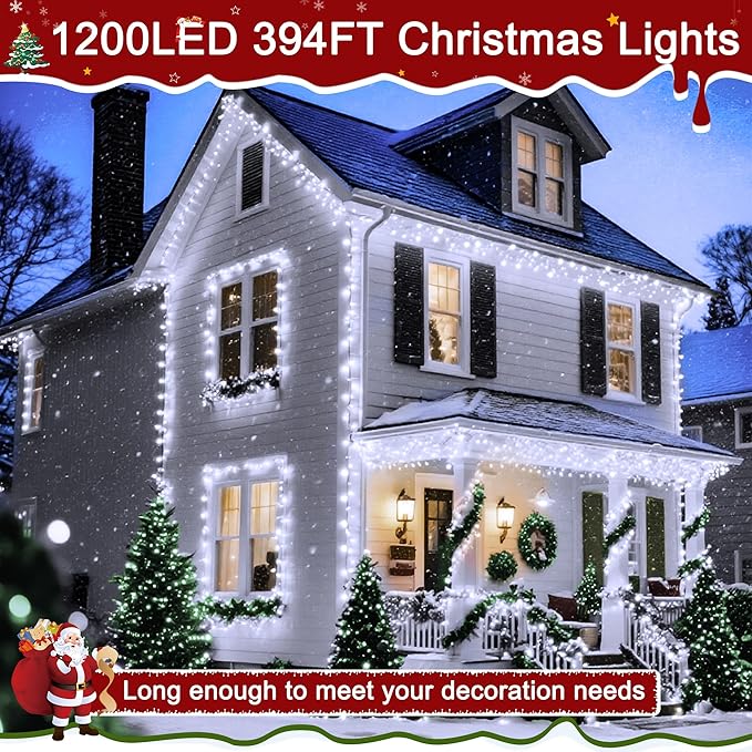 394FT 1200 LED Christmas Lights Outdoor, White Christmas Tree Lights Plug in, 8 Modes Twinkle String Light for Bedroom Wedding Party Ceiling Xmas Home Decorations