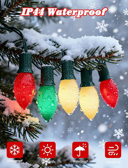 Red Green White LED Christmas Lights,25FT Waterproof C9 Multicolor Christmas Lights Outdoor with 26 Shatterproof Bulbs,Commercial Hanging Xmas Light for Roof Patio Balcony Party Xmas Decor