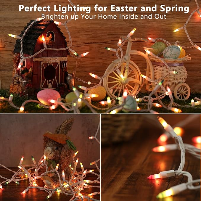 ODEETRONIC Easter String Lights, 33ft 150 Count Easter Pastel Lights, 120V UL Certified Incandescent Pastel Mini Fairy Light, Connectable Outdoor String Light White Wire for Party Patio Home Decor