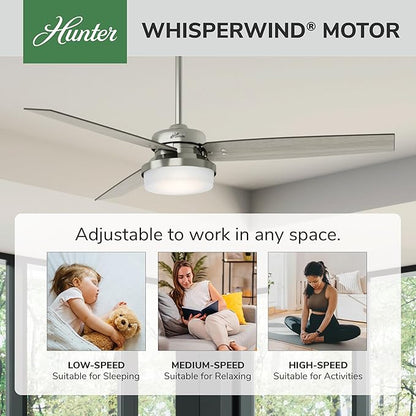 Hunter 60 inch Indoor Ceiling Fan with LED Light and Remote Control - Standard Mount Ceiling Fan, 3 Blades, For Bedroom or Living Room - Sentinel 59459, Brushed Nickel