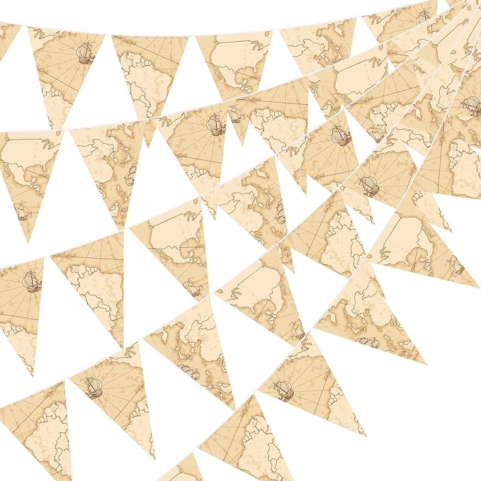 HESTYA 5 Pcs 49 Feet Vintage Antique Map Pennant Banner Retro Nautical Sailing Ship Triangle Flag Bunting for Travel Themed Party Graduation Farewell Going Away Retirement Adventure Decoration
