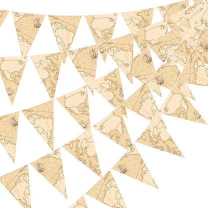 HESTYA 5 Pcs 49 Feet Vintage Antique Map Pennant Banner Retro Nautical Sailing Ship Triangle Flag Bunting for Travel Themed Party Graduation Farewell Going Away Retirement Adventure Decoration