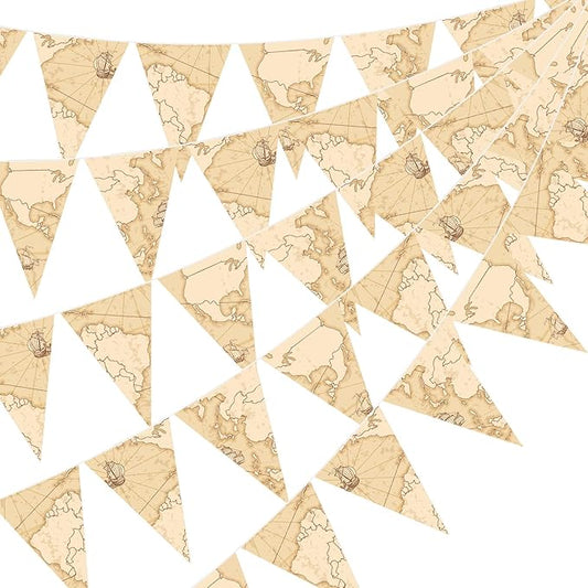 HESTYA 5 Pcs 49 Feet Vintage Antique Map Pennant Banner Retro Nautical Sailing Ship Triangle Flag Bunting for Travel Themed Party Graduation Farewell Going Away Retirement Adventure Decoration