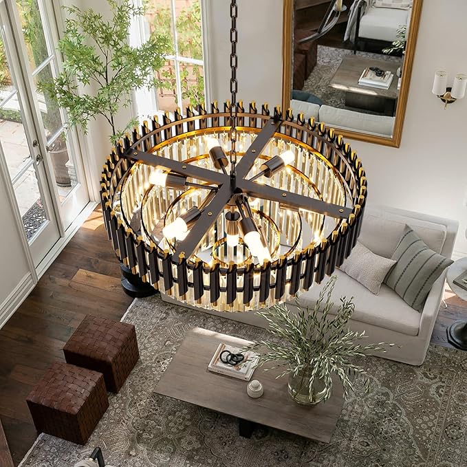 24 inch Black Gold Crystal Chandelier 5-Tier Modern Luxury Pendant Light Fixture for High Ceiling 10-Light Large K9 Crystal Lighting for Foyer Living Room Dining Room