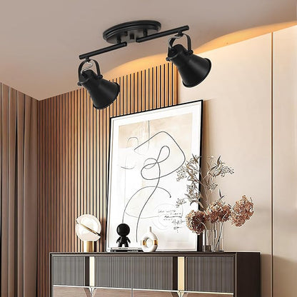 2 Light Track Lighting Ceiling, Industrial Directional Ceiling Spot Light Fixture,Black Flush Mount Ceiling Light for Kitchen, Living Room, Hallway, Bathroom, Cabinet, Etc.