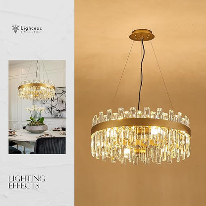 21.7" Gold Modern Crystal Chandelier Light Fixtures Luxury 2 Rings Crystal Chandeliers for Dining Room 12-Light Round Hanging Pendant Lighting for Living Room Kitchen Island Entryway Bedroom