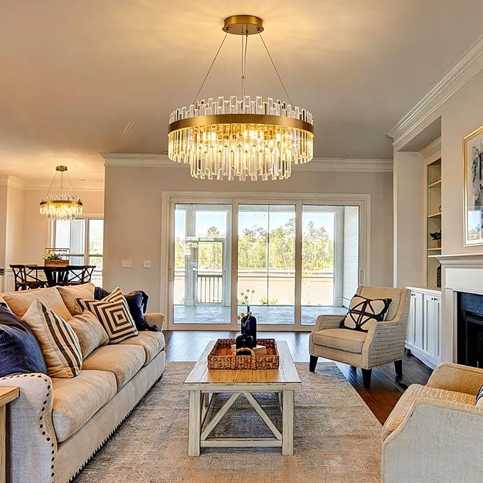 Modern Gold Crystal Chandelier, 9-Light 2-Tier Round Brushed Gold Raindrop Adjustable Flush Mount Pendant Light, E12 Base for Dining Room Living Room Foyer Entryway - 23.6" D