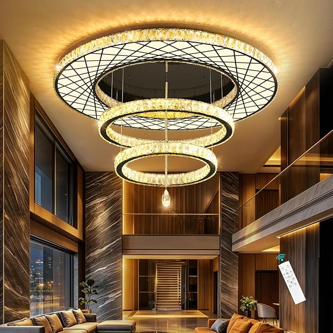 HAIXIANG 48 inch Large Size Glam Chandelier Crystal Ceiling Light for Living Room Chandeliers Lighting Fixtures with Remote Dimmable LED Light,Black Luxury Interior Light