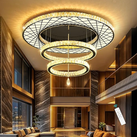 HAIXIANG 48 inch Large Size Glam Chandelier Crystal Ceiling Light for Living Room Chandeliers Lighting Fixtures with Remote Dimmable LED Light,Black Luxury Interior Light