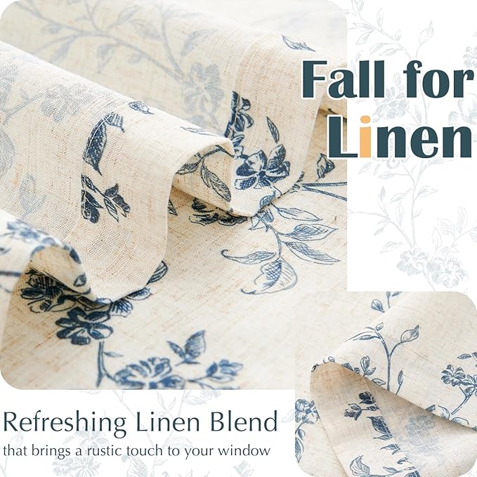 jinchan Floral Kitchen Curtains 30 Inch Linen Tier Curtains Farmhouse Cafe Half Window Drapes Over Sink Light Filtering Blue on Beige for Living Room Laundry RV Rod Pocket 2 Panels