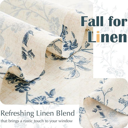 jinchan Floral Kitchen Curtains 30 Inch Linen Tier Curtains Farmhouse Cafe Half Window Drapes Over Sink Light Filtering Blue on Beige for Living Room Laundry RV Rod Pocket 2 Panels