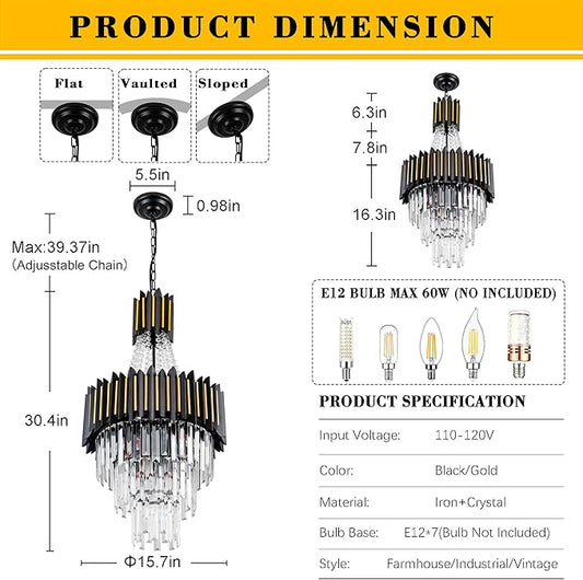 Modern Crystal Chandelier Light 7-Lights 15.8" K9 Crystal Pendant Lights 3-Tier Black Gold Luxury Hanging Light Fixture for Dining Room Living Room Kitchen Bedroom Stairway Home Office