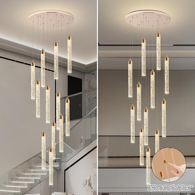 Crystal Staircase Chandelier, Modern Gold Large Spiral Dimmable LED Cluster Raindrop Foyer Chandelier Lighting, Bubble Living Room Hanging Light Fixture 12 Light Remote Control