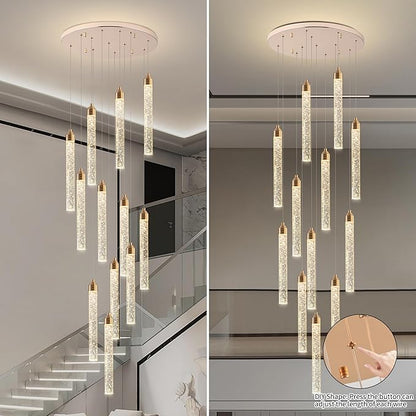 Crystal Staircase Chandelier, Modern Gold Large Spiral Dimmable LED Cluster Raindrop Foyer Chandelier Lighting, Bubble Living Room Hanging Light Fixture 12 Light Remote Control