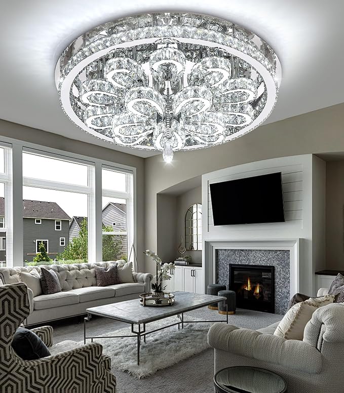 Modern Chandeliers for Living Room Crystal Chandelier Ceiling Light Fixture LED Dimmable with Remote Pendant Lighting Flush Mount Lighting for Dining Room Bedroom Silver