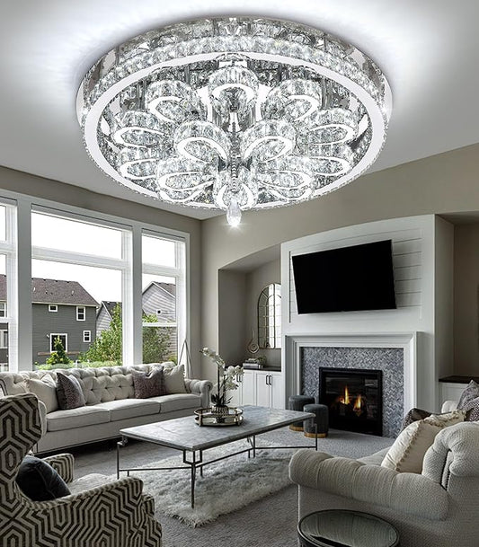 Modern Chandeliers for Living Room Crystal Chandelier Ceiling Light Fixture LED Dimmable with Remote Pendant Lighting Flush Mount Lighting for Dining Room Bedroom Silver