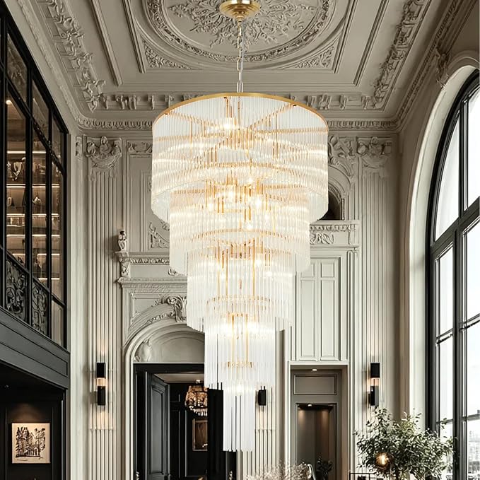 25 Light Staircase Crystal Chandeliers H49 W27.5 Modern Contemporary Elegant 5-Tier K9 Crystal Glass Chandelier Pendant Ceiling Lighting Fixture for Entryway