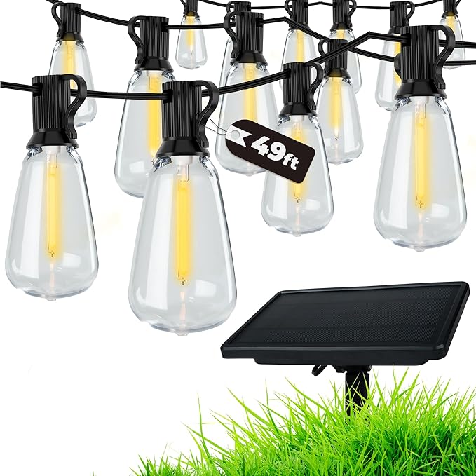 Regalosonline Solar String Lights for Outside - 15+2 Spare LED Bulbs Patio Lights with Remote Control, USB Port & Waterproof Outdoor (Warm White)