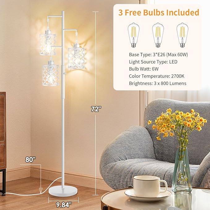 Dimmable Floor Lamp, Farmhouse Standing Lamp with Elegant Metal Cage, Industrial Tall Tree Floor Lamps for Living Room, Bedroom, Study Room, Office, 3 x 800LM LED Bulbs Included, 72", White