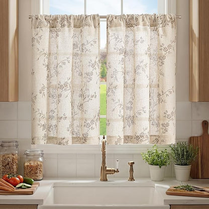 jinchan Floral Kitchen Curtains 36 Inch Linen Tier Curtains Farmhouse Cafe Half Window Drapes Over Sink Light Filtering for Living Room Laundry RV Rod Pocket 2 Panels Taupe on Beige