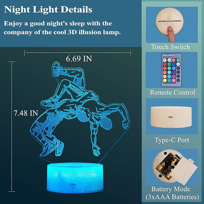 Wrestling Night Light, Wrestler Gifts, Wrestler 3D Illusion Lamp with 16 Colors Changing, Remote Control and Dimmable, Kids Boys Girls Room Decoration, Holiday Xmas Gifts