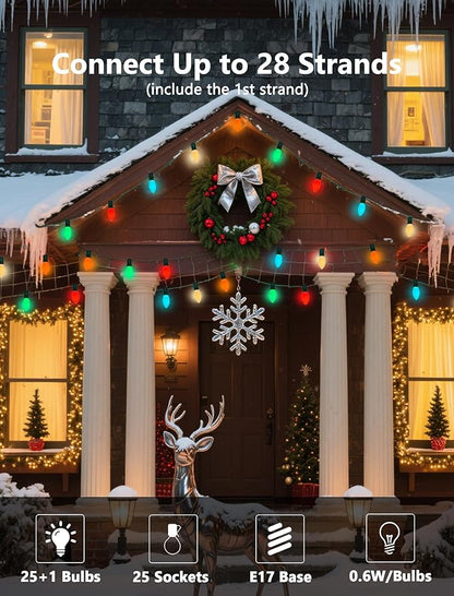 C9 LED Multicolor Christmas Lights Outdoor, 25Ft C9 Vintage Christmas Lights Waterproof with 26 LED Colorful Bulbs, Outdoor Christmas Decorations String Lights for Patio Garden Roofline Holiday Party