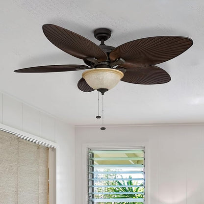Honeywell Ceiling Fans Palm Island 52 Inch Ceiling Fan With Light, Indoor/Outdoor Ceiling Fan with Pull Chain, Tropical LED Dual-Mount 5 Palm Leaf Blade Design, ETL Damp Rated, Bronze (50202-01)