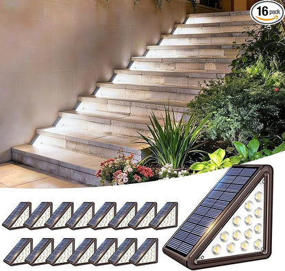 Solar Step Lights Outdoor Waterproof IP65,Cool White Brown Solar Stair Lights, Outdoor Light Decor for Stair, Deck, Step, Porch and Outside Patio, 16 Pack
