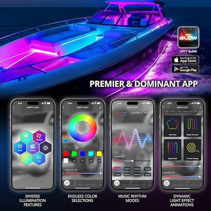 OPT7 Aura DreamColor Boat Lights Waterproof, 12V RGB-IC Marine LED Strips with APP & Remote Control, Multi Color Chasing Lighting Kit, Interior Deck Light for Pontoon Jon Bass Boat, Outdoor Gifts