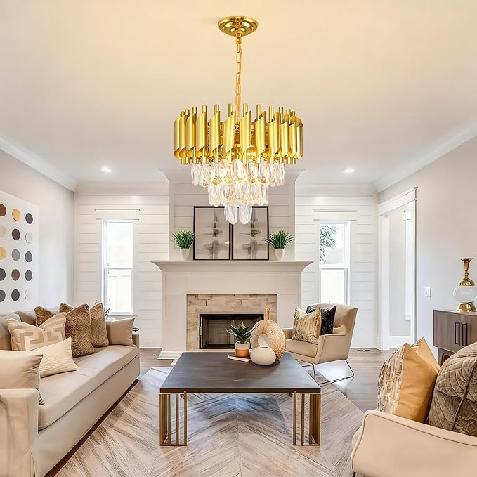 Modern 16-inch Gold Crystal Chandelier, 3-Tier Dimmable Ceiling Pendant Light with Adjustable Chain, Round Flush Mount for Dining Room, Living Room, Bedroom, Kitchen, Foyer