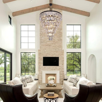 TOCHIC Black Crystal Chandelier for Living Room, 40 Inch 7-Tier Modern K9 Smoke Grey Chandeliers for Dining Room, Round Raindrop Light Hanging for High Ceiling, Staircase, Entryway, Foyer