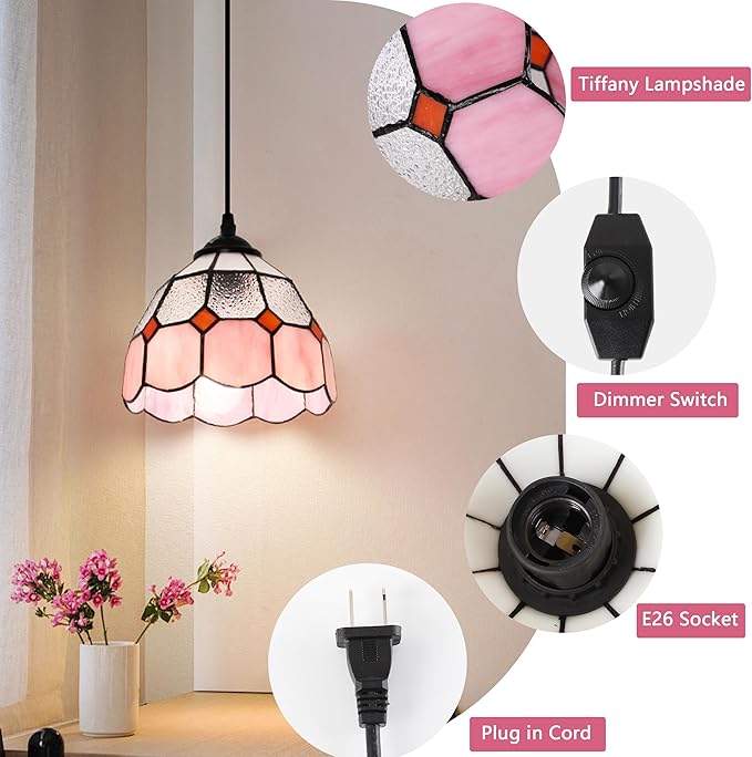 HuisMier Tiffany Hanging Pendant Light, Dimmable Pink Mini Plug in Light Fixture with 15 Ft Hanging Cord, Stained Glass Hanging Lamp for Bedroom Kitchen Dining Room Office, 7.9" Width