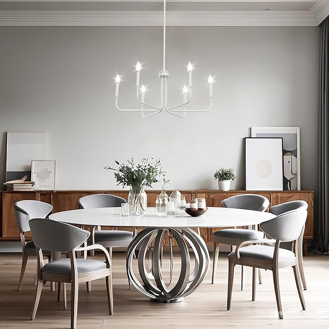 DORESshop Modern Chandelier for Dining Room, 6-Light 28" White Farmhouse Chandelier for Dining Room, Dining Light Fixtures Over Table, Industrial Modern Light for Bedroom Hall Kitchen Living Room