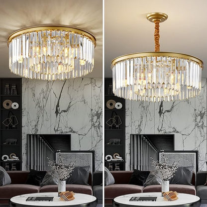 Gold Modern Crystal Chandelier, 2-Tier Round Flush Mount Ceiling Light Fixtures Height Adjustable Pendant Lighting for Dining Room Living Room Bedroom Kitchen Hotel Foyer